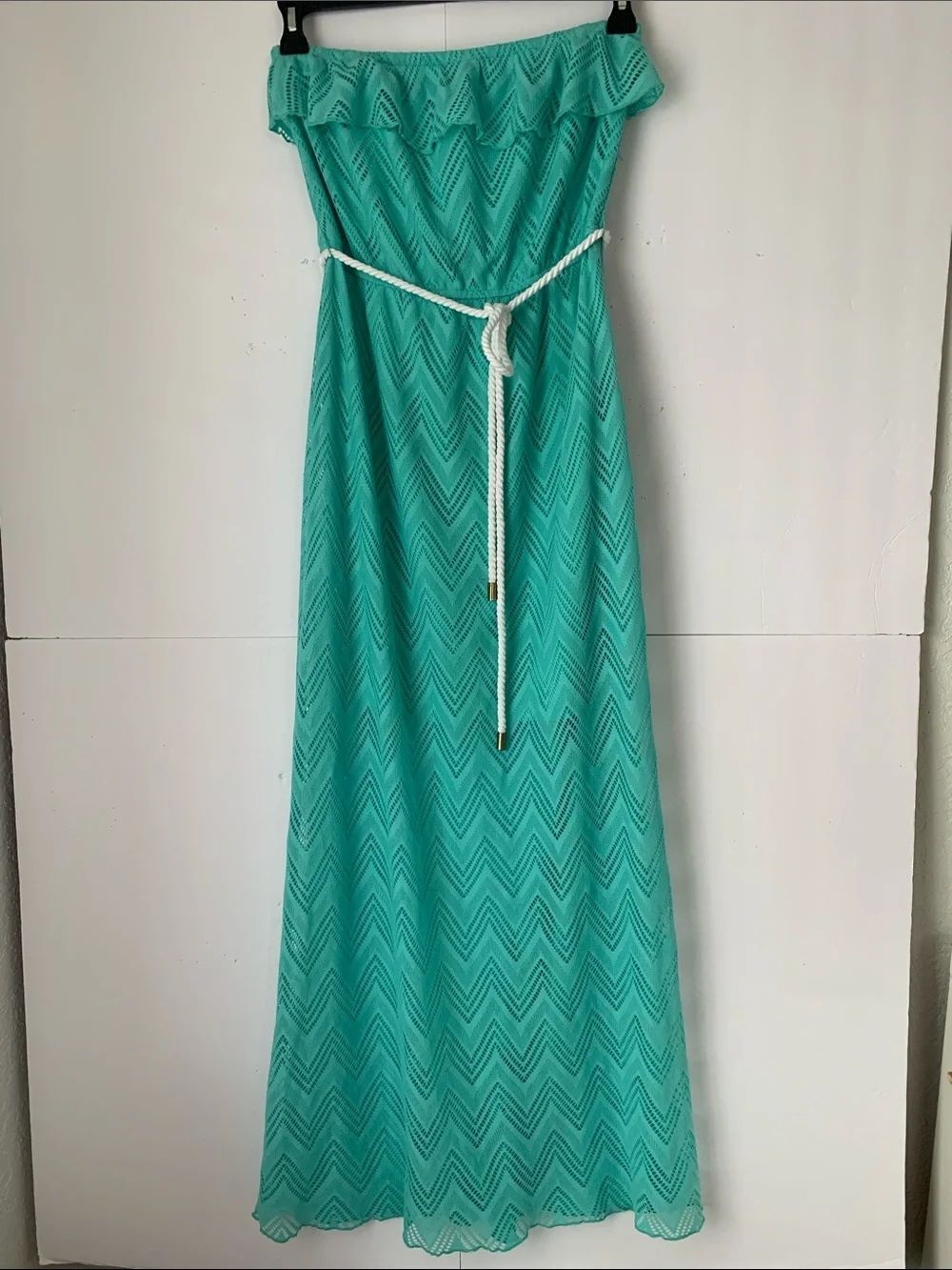 Trixxi Strapless Chevron Maxi Dress in Teal Green With Belt Size L